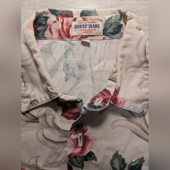 Guess Vintage Off-White Red Floral Button-Up Shirt Vest 90s Grandma - Picture 7 of 11